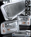 2006 Ford F350 Super Duty Chrome Vertical Grille and Clear Headlights Set