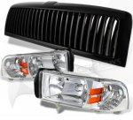1994 Dodge Ram Black Vertical Grille and Clear Euro Headlights Set