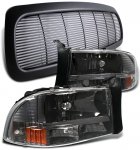 2002 Dodge Dakota Black Billet Grille and Smoked Euro Headlights Set
