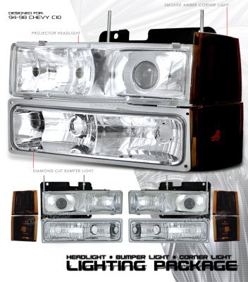 Chevy Silverado 1994-1998 Clear Projector Headlights and Bumper Lights Set