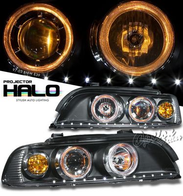 BMW E39 5 Series 1997-2003 Black Dual Halo Projector Headlights with LED