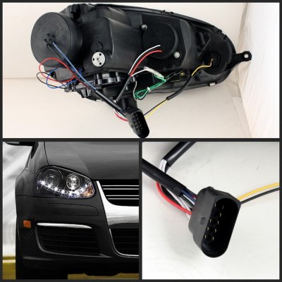 VW Rabbit 2006-2009 Black Projector Headlights with LED Daytime Running Lights