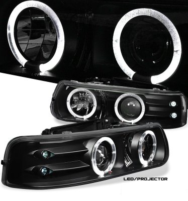 Chevy Suburban 2000-2006 Black Halo Projector Headlights with LED