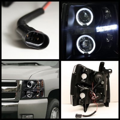 Chevy Silverado 2500HD 2007-2014 Black Dual Halo Projector Headlights with LED