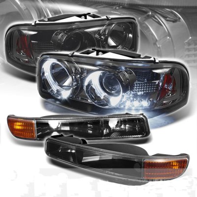 GMC Sierra 3500HD 1999-2006 Smoked Projector Headlights and Black Bumper Lights Set