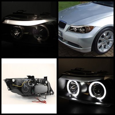 BMW 3 Series E90 Sedan 2006-2008 Black Dual CCFL Halo Projector Headlights