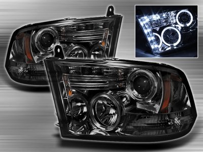 Dodge Ram 2009-2018 Smoked Halo Projector Headlights with LED DRL