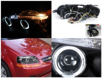Chevy Aveo 2004-2008 Black Halo Projector Headlights with LED