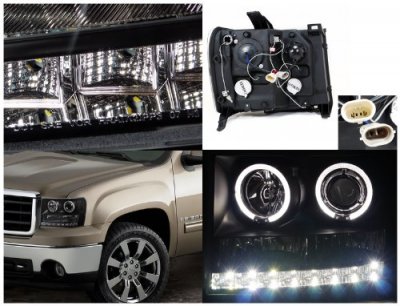 GMC Sierra 2007-2013 Black Projector Headlights Halo LED DRL