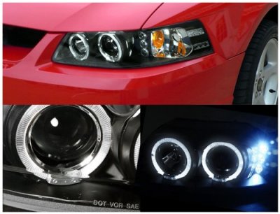 Ford Mustang 1999-2004 Black Dual Halo Projector Headlights with LED