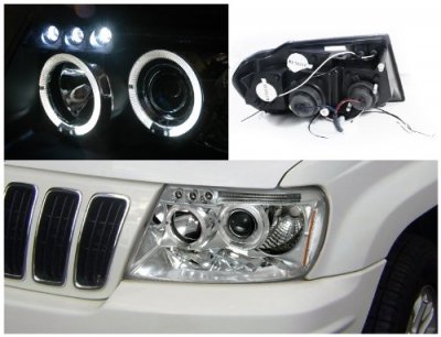 Dual LED Halo 1999-2004 Jeep Grand Cherokee Chrome LED Projector Headlights