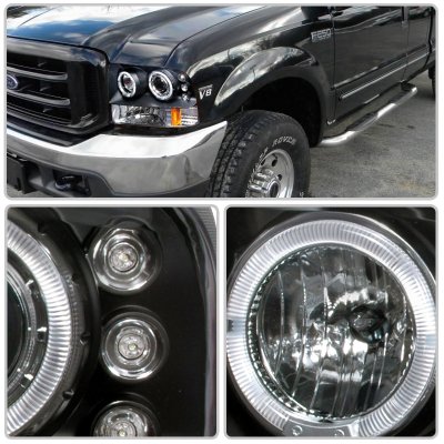Ford F350 Super Duty 1999-2004 Black Dual Halo Projector Headlights with LED