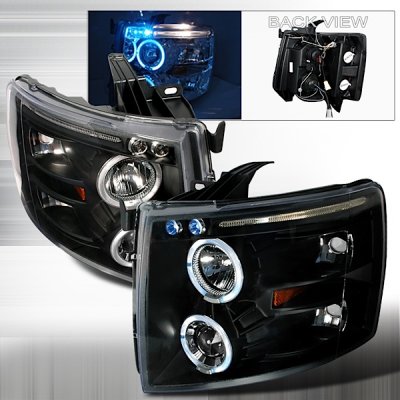 Chevy Silverado 2007-2013 Black Halo Projector Headlights with LED Eyebrow