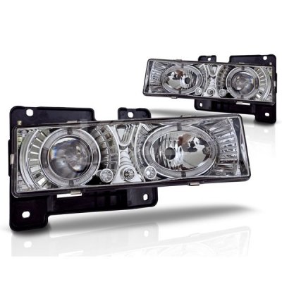 Dual Halo Projector Headlights For 88-98 Chevy C10, Tahoe, Blazer, Sierra – Chrome Housing, Clear Lens, DOT/SAE