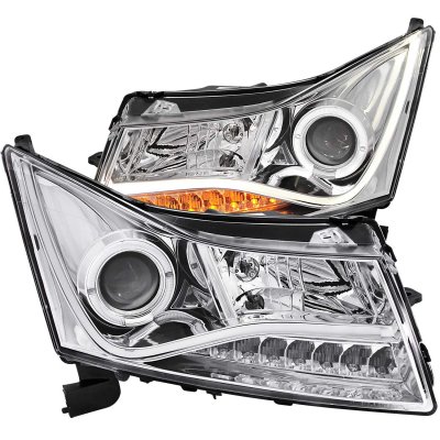 LED Projector Headlights For 2011-2015 Chevy Cruze – Black Housing With Glow Bar (Pair)
