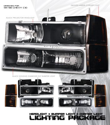 Chevy 1500 Pickup 1994-1998 Black Projector Headlights and Bumper Lights Set