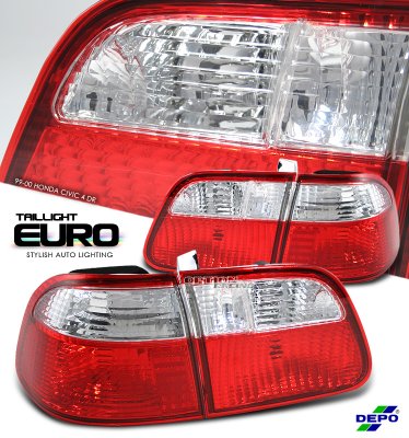 Red/Smoke Tail Lights For 1999-2000 Honda Civic 4Dr Sedan – Pair Left & Right, Chrome Housing, DOT/SAE Certified