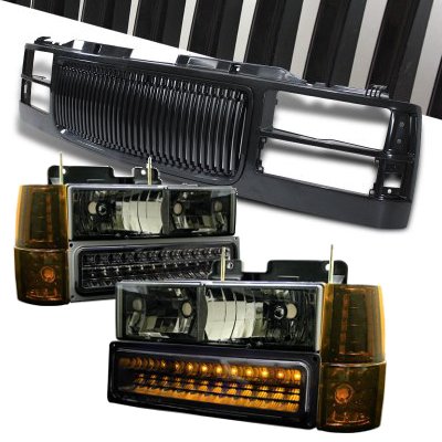 Chevy 2500 Pickup 1994-1998 Black Grill and Smoked Headlights LED Bumper Lights