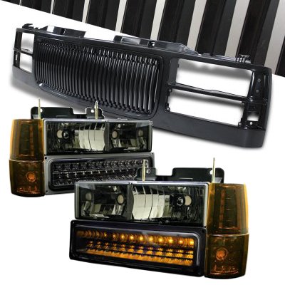 Chevy Suburban 1994-1999 Black Grill and Smoked Headlights LED Bumper Lights