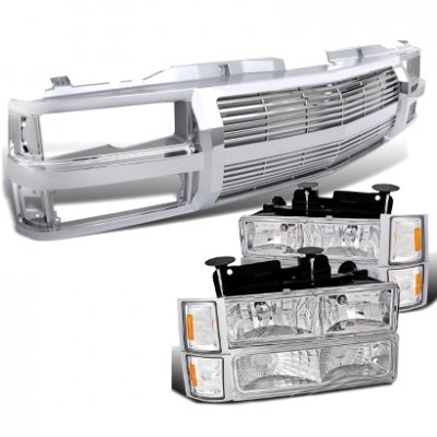 Chevy 1500 Pickup 1994-1998 Chrome Billet Grille and Euro Headlights Set