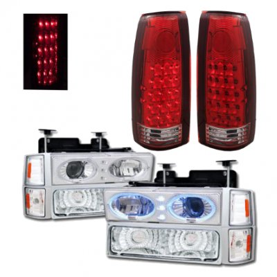 Chevy 2500 Pickup 1994-1998 Halo Projector Headlights and LED Tail Lights Red Clear