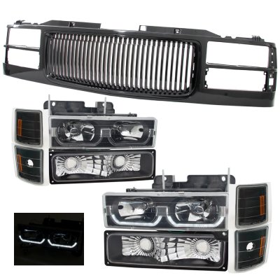 Chevy 1500 Pickup 1994-1998 Black Front Grill and LED DRL Headlights Set