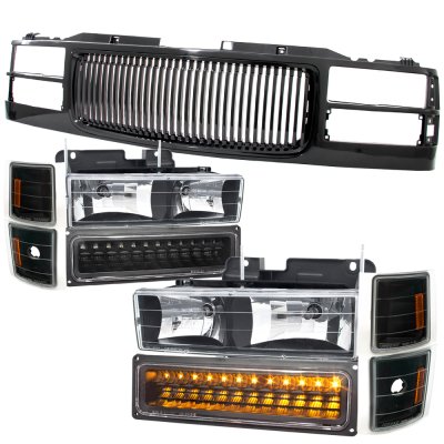 GMC Yukon 1994-1999 Black Front Grill and Headlights LED Bumper Lights