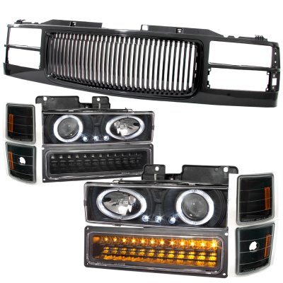 Chevy 3500 Pickup 1994-1998 Black Grill and Halo Projector Headlights LED Bumper Lights