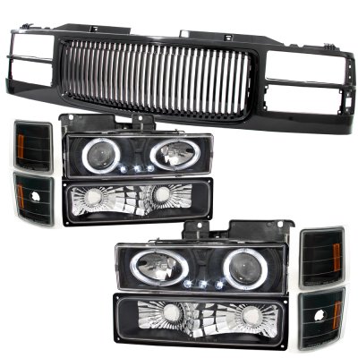 Chevy 2500 Pickup 1994-1998 Black Front Grill and Halo Projector Headlights Set