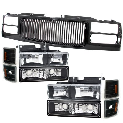 Chevy 2500 Pickup 1994-1998 Black Front Grill and Headlights Set