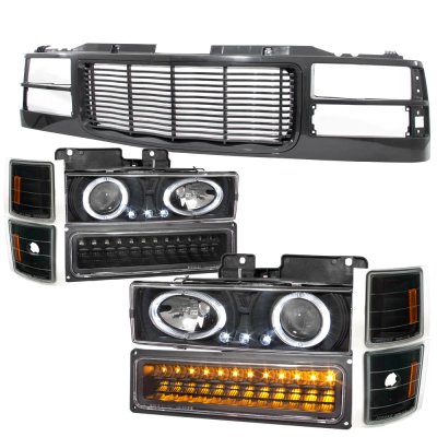 Chevy Silverado 1994-1998 Black Wave Grille and Projector Headlights LED Set