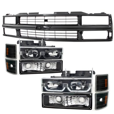 Chevy 1500 Pickup 1994-1998 Black Grille and LED DRL Headlights Set
