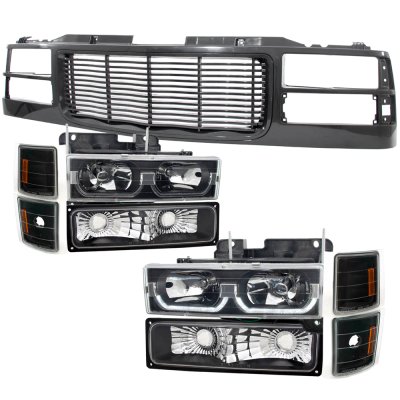 GMC Sierra 1994-1998 Black Wave Grille and LED DRL Headlights Set