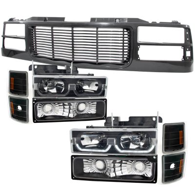 GMC Sierra 3500 1994-2000 Black Wave Grille and LED DRL Headlights Set
