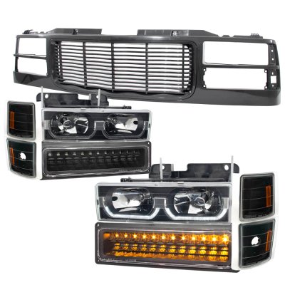 Chevy 1500 Pickup 1994-1998 Black Wave Grille and LED DRL Headlights Bumper Lights