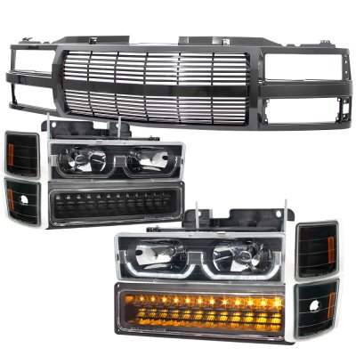 Chevy Silverado 1994-1998 Black Billet Grille and LED DRL Headlights Bumper Lights