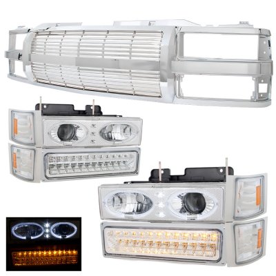 Chevy 2500 Pickup 1994-1998 Chrome Billet Grille and Halo Projector Headlights LED Bumper Lights