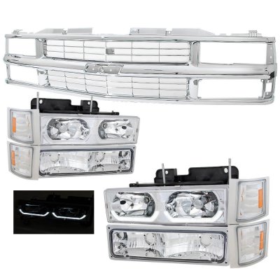 Chevy 3500 Pickup 1994-1998 Chrome Grille and LED DRL Headlights Set