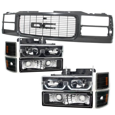 GMC Sierra 1994-1998 Black Grille and LED DRL Headlights Set