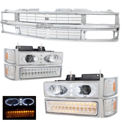 Chevy 1500 Pickup 1994-1998 Chrome Grille and Halo Projector Headlights LED Bumper Lights