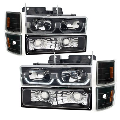 94-98 Chevy C1500 2500 CK Tahoe Suburban Halo Headlights & Tail Lights Black 