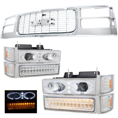GMC Sierra 1994-1998 Chrome Grille and Halo Projector Headlights LED Bumper Lights