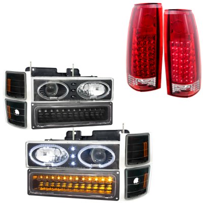 Chevy Silverado 1994-1998 Black Halo Headlights LED DRL and LED Tail Lights Red Clear