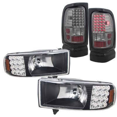 Dodge Ram 3500 1994-2002 Black Headlights with LED Corner Lights and Smoked LED Tail Lights