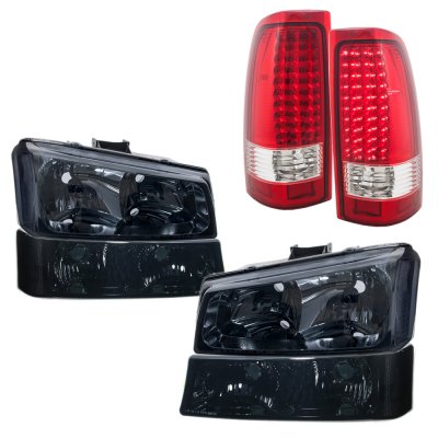 Chevy Silverado 1500HD 2003-2006 Smoked Clear Headlights Set and LED Tail Lights Red Clear