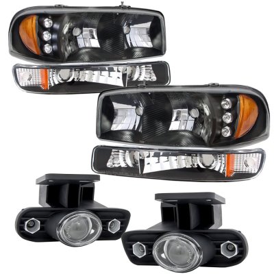 GMC Sierra 2500 1999-2002 Black LED DRL Headlights Set and Projector Fog Lights