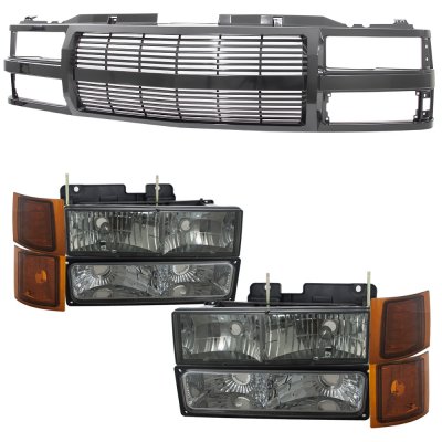 GMC Sierra 3500 1994-2000 Black Billet Grille and Smoked Headlights Set