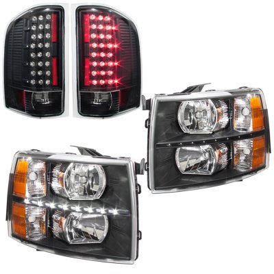 Chevy Silverado 2500HD 2007-2014 Black LED DRL Headlights and LED Tail Lights