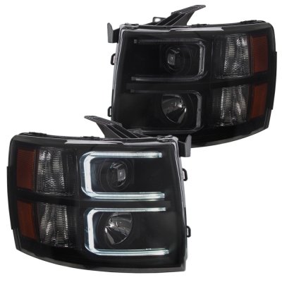 Chevy Silverado 2007-2013 Black Smoked DRL Projector Headlights and Black LED Tail Lights