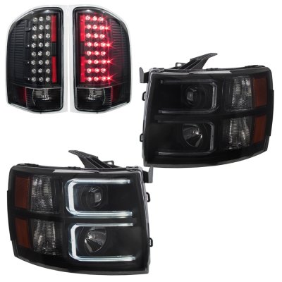 Chevy Silverado 3500HD 2007-2014 Black Smoked DRL Projector Headlights and Black LED Tail Lights